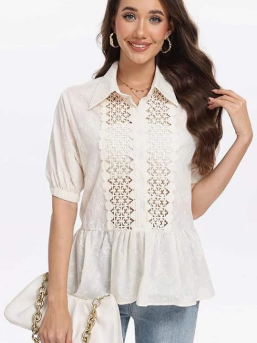 SUNNOW Boho White Peplum Blouse Eyelet Lace Puff Sleeve Top NWOT Size Medium